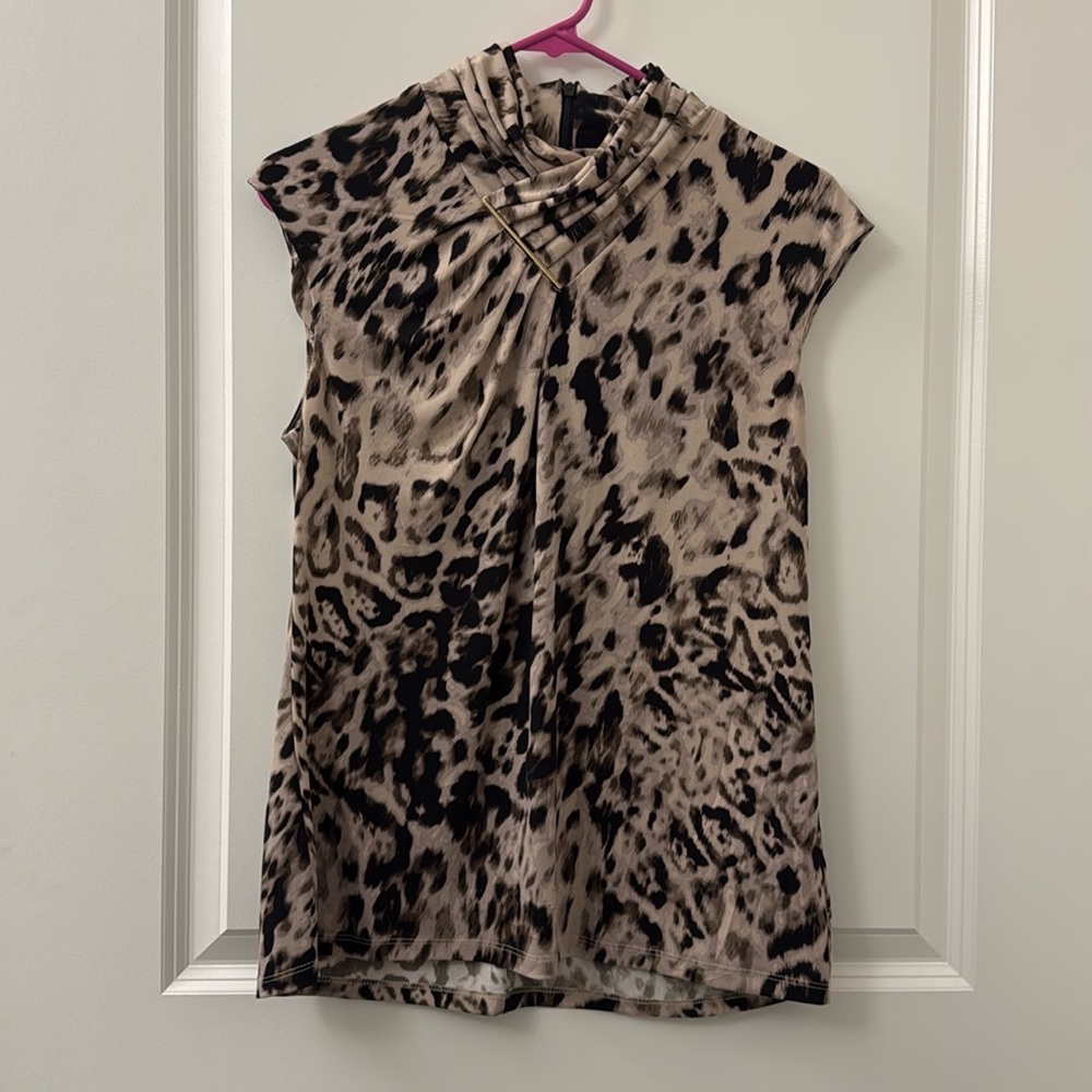 Calvin Klein Leopard Print Sleeveless Top – Ruched Neckline with Gold Accent